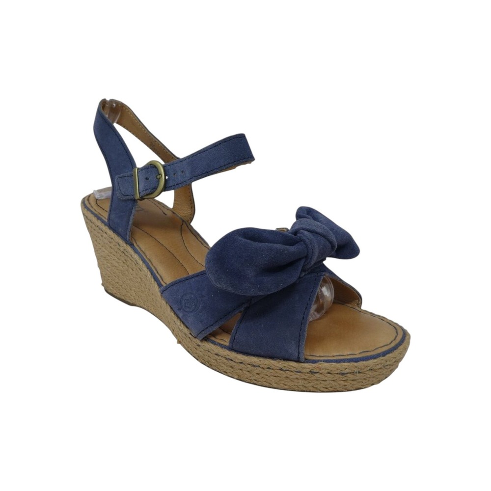 Born Monticello Wedge Sandals Womens 8 Blue Suede Bow‎ Espadrille